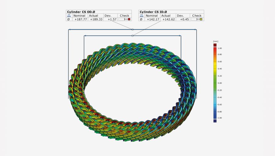 The software performs complete analysis measurements, e.g. form, angle and position tolerances of hairpins as well as bending points, bending radii and leg lengths.